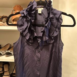 Jcrew navy sleeveless silk ruffle collar statement blouse